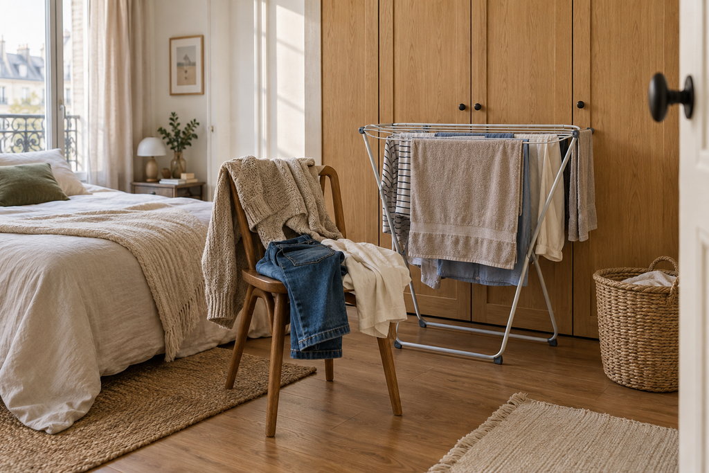 Quand on n'a pas prévu d'espace pour le linge qu'on veut remettre il se retrouve empilé sur une chaise. Pareil pour le linge qui sèche qui peut bloquer le passage.