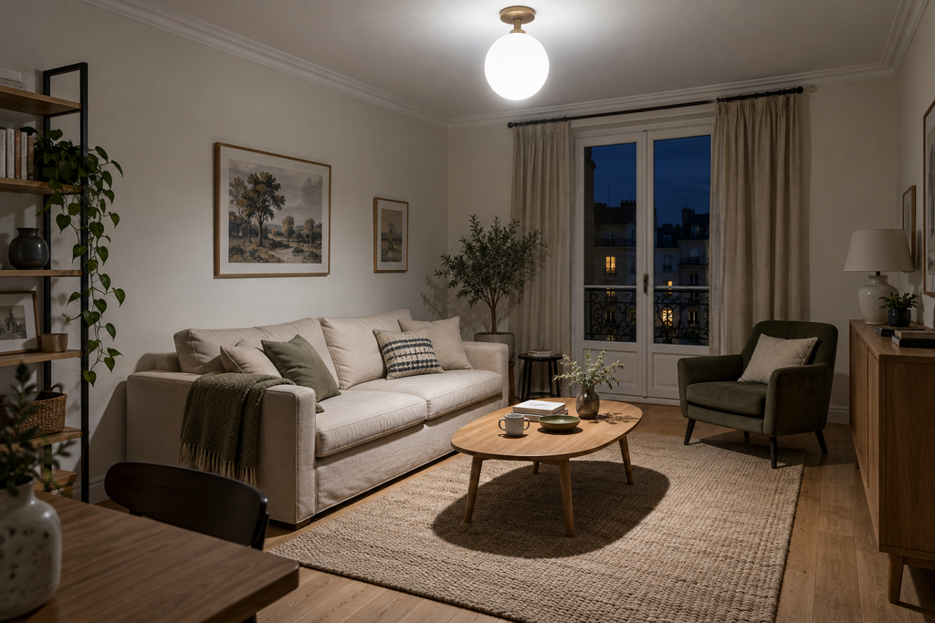 Un unique plafonnier en guise d'éclairage le soir est trop agressif pour inviter au repos et à la détente.