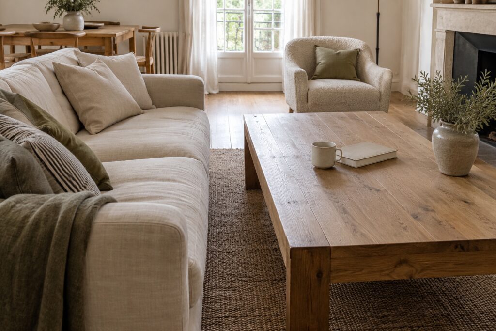 La table basse est trop près du canapé, rendant la circulation difficile.
